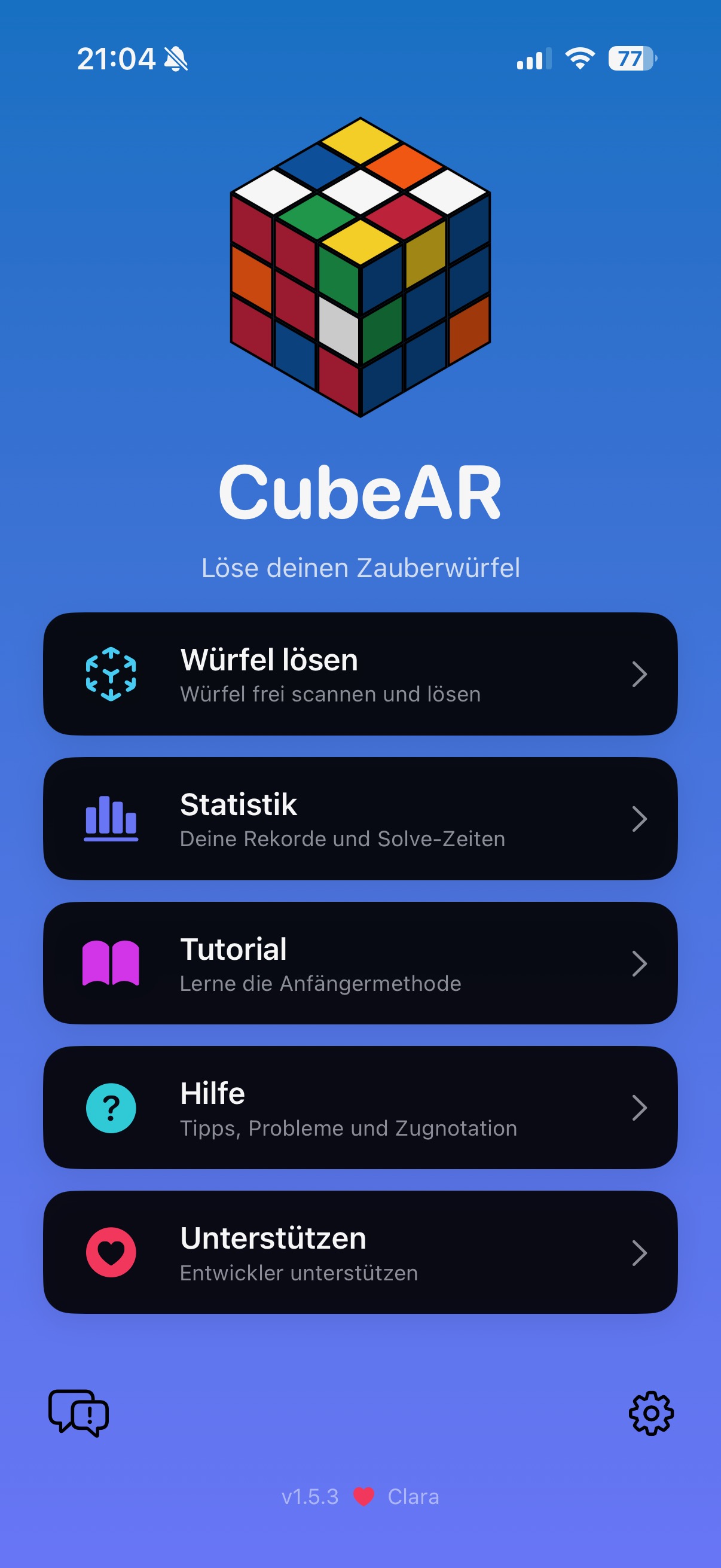 CubeAR Startbildschirm