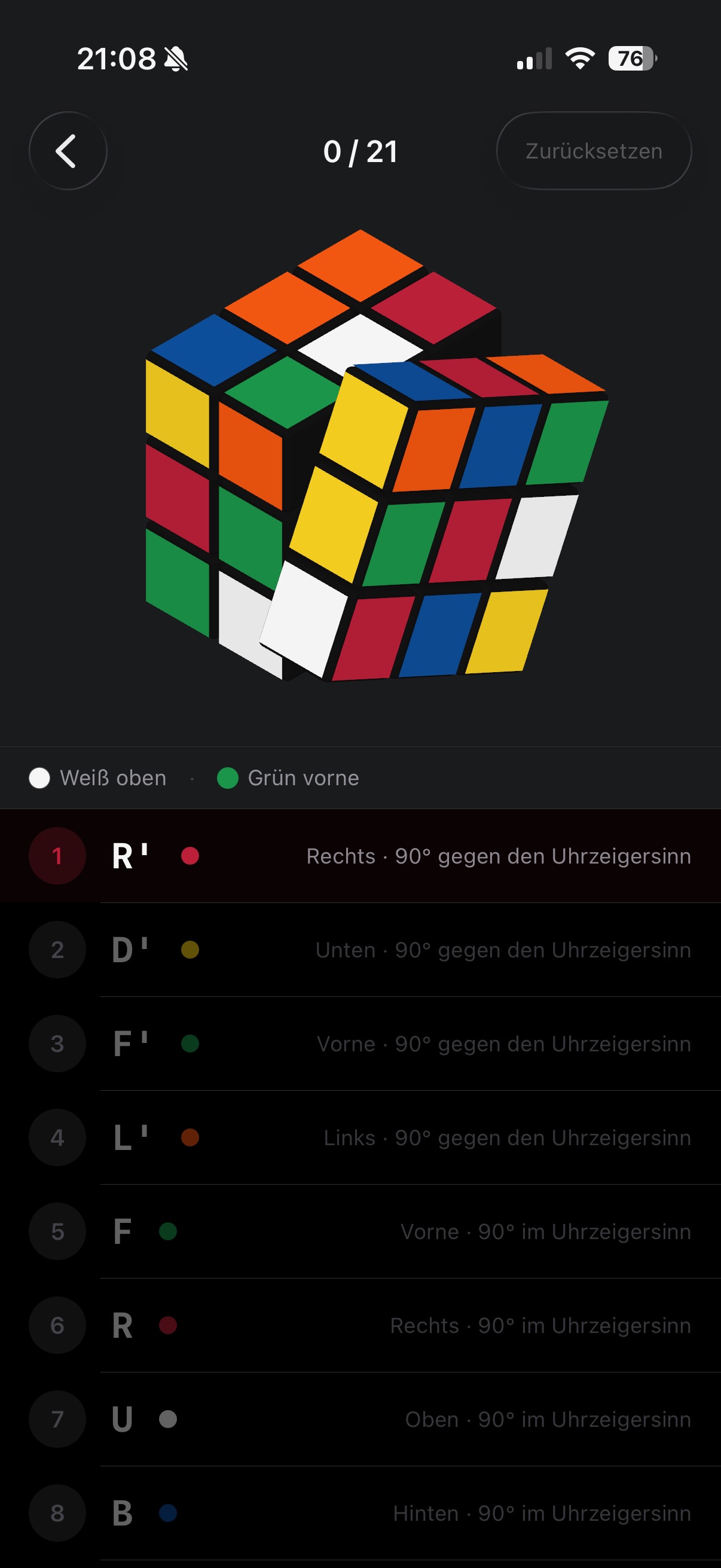 Lösung mit 3D-Würfel und Zugfolge
