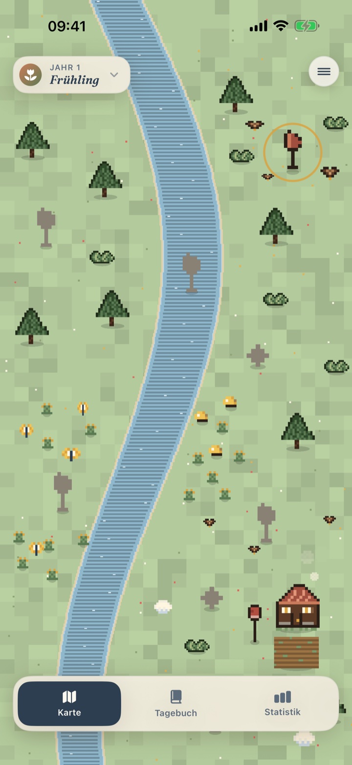 Pixelvale Weltkarte im Frühling mit Fluss, Bäumen und Häuschen