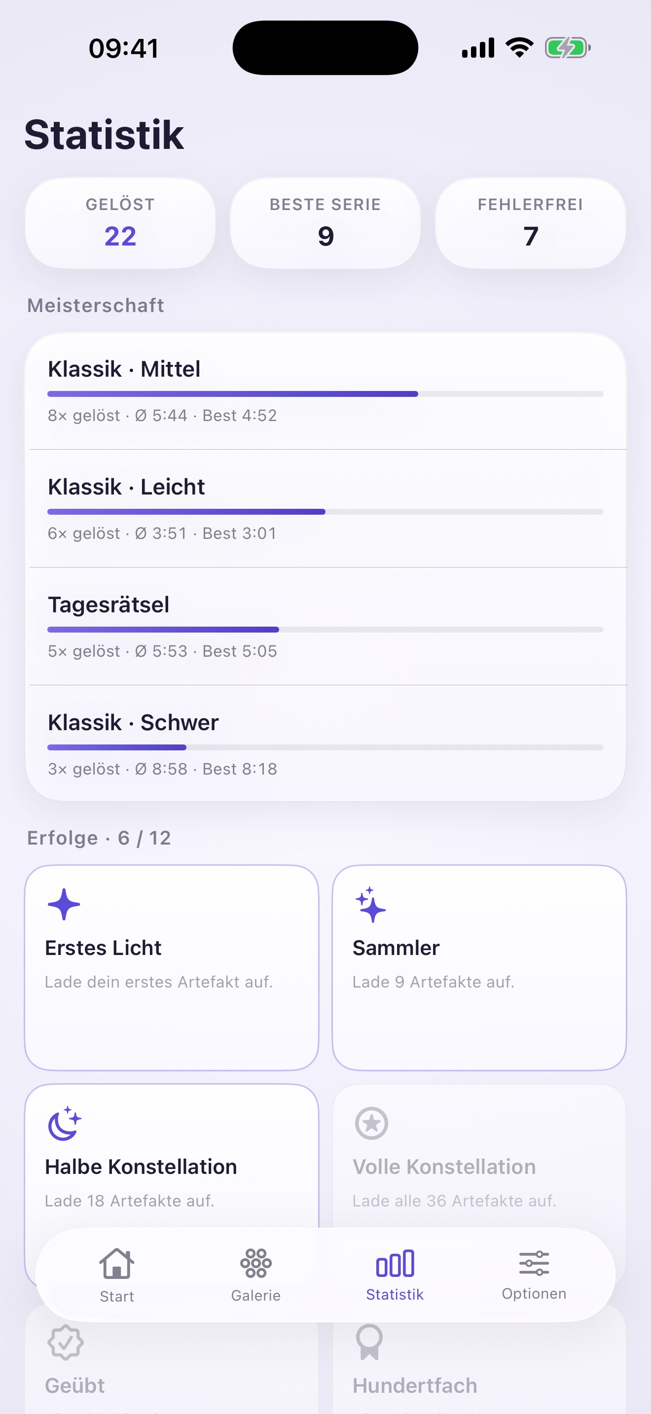 Prisma Statistikbildschirm mit gelösten Rätseln, Meisterschaft je Modus und Erfolgen