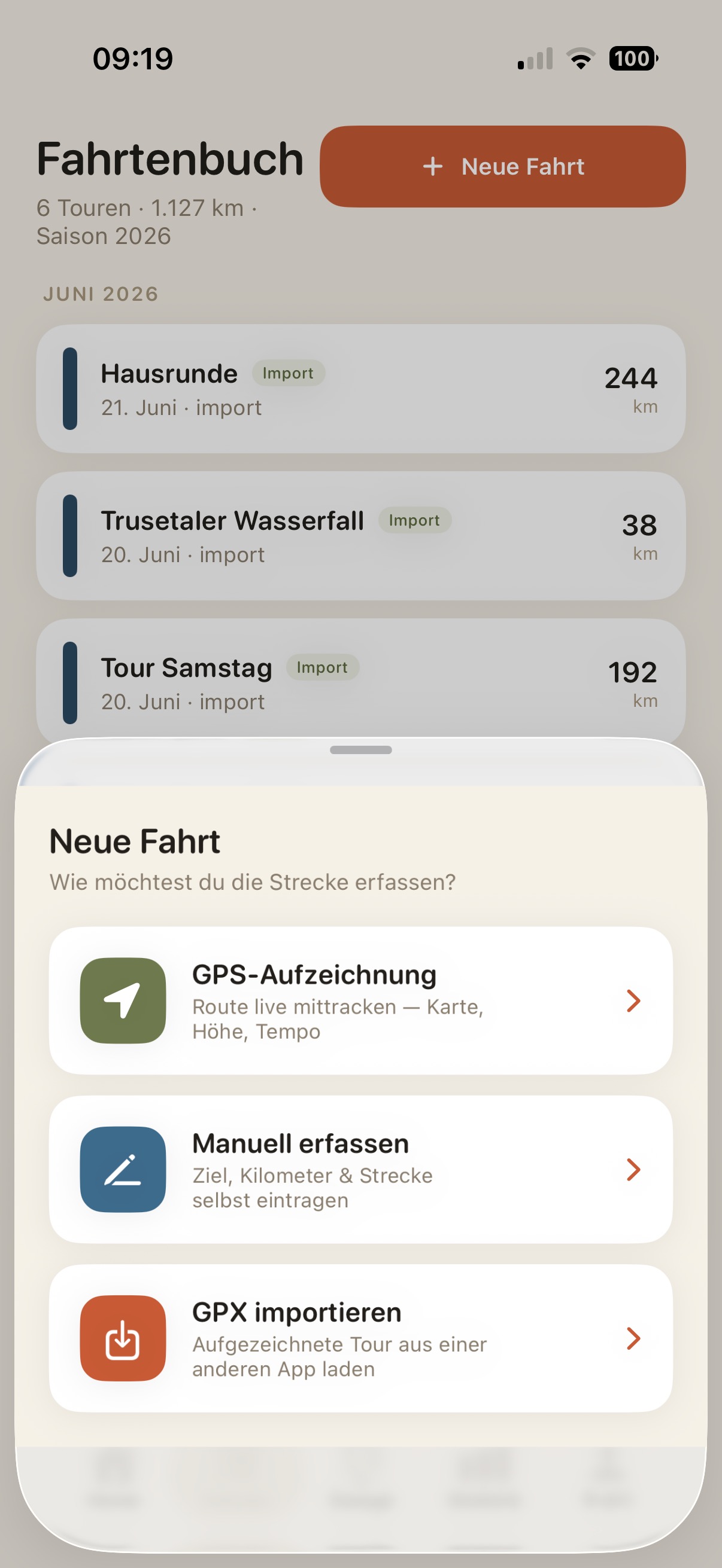 RideHub Auswahl „Neue Fahrt
